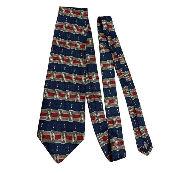 Vintage Oscar de la Renta Men's Necktie Tie Blue Maroon Geometric Silk Designer - Picture 7 of 7